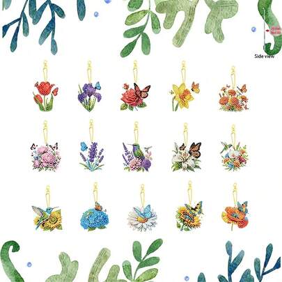 15pcs Diamond Painting Kit With Flowers, Butterflies, Birds, Round Diamond Art Craft, Acrylic, With Accessories And Tools, Beginner DIY Handmade, Spring Decor Gift