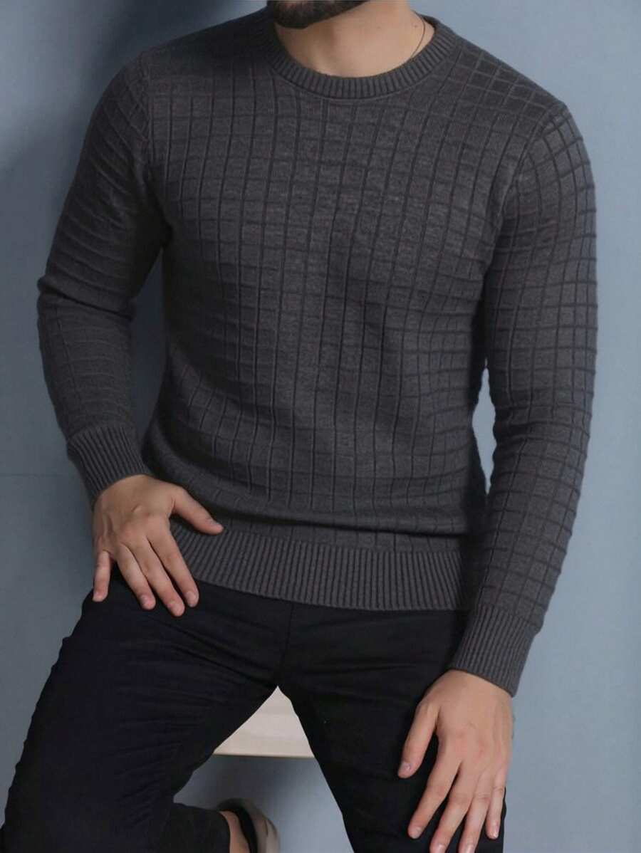 Men's Plain Square Knit Sweater, Round Neck, Long Sleeve, Thick Wool Sweater. - 深灰色 - 查看 1