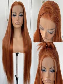 13x4英寸合成蕾丝前假发，直发，透明蕾丝，预拔发际线，耐热纤维，女士款 - 粉色、脏橙色、棕色 - 彩色 - 查看 7