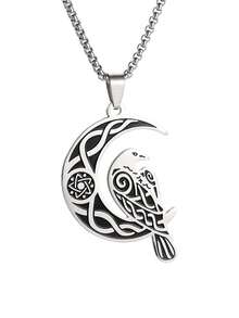 1pc Vintage Viking Moon Raven Pendant Necklace, Celtic Knot With Animal Motifs, Nordic Mystic Style Jewelry - Retro - View 8