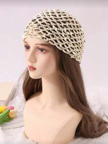1 pieza Gorro de mujer de moda con ganchillo hueco y lentejuelas, adecuado para uso diario, salidas de primavera y otoño - Sombrero de jersey recto - Ver 8