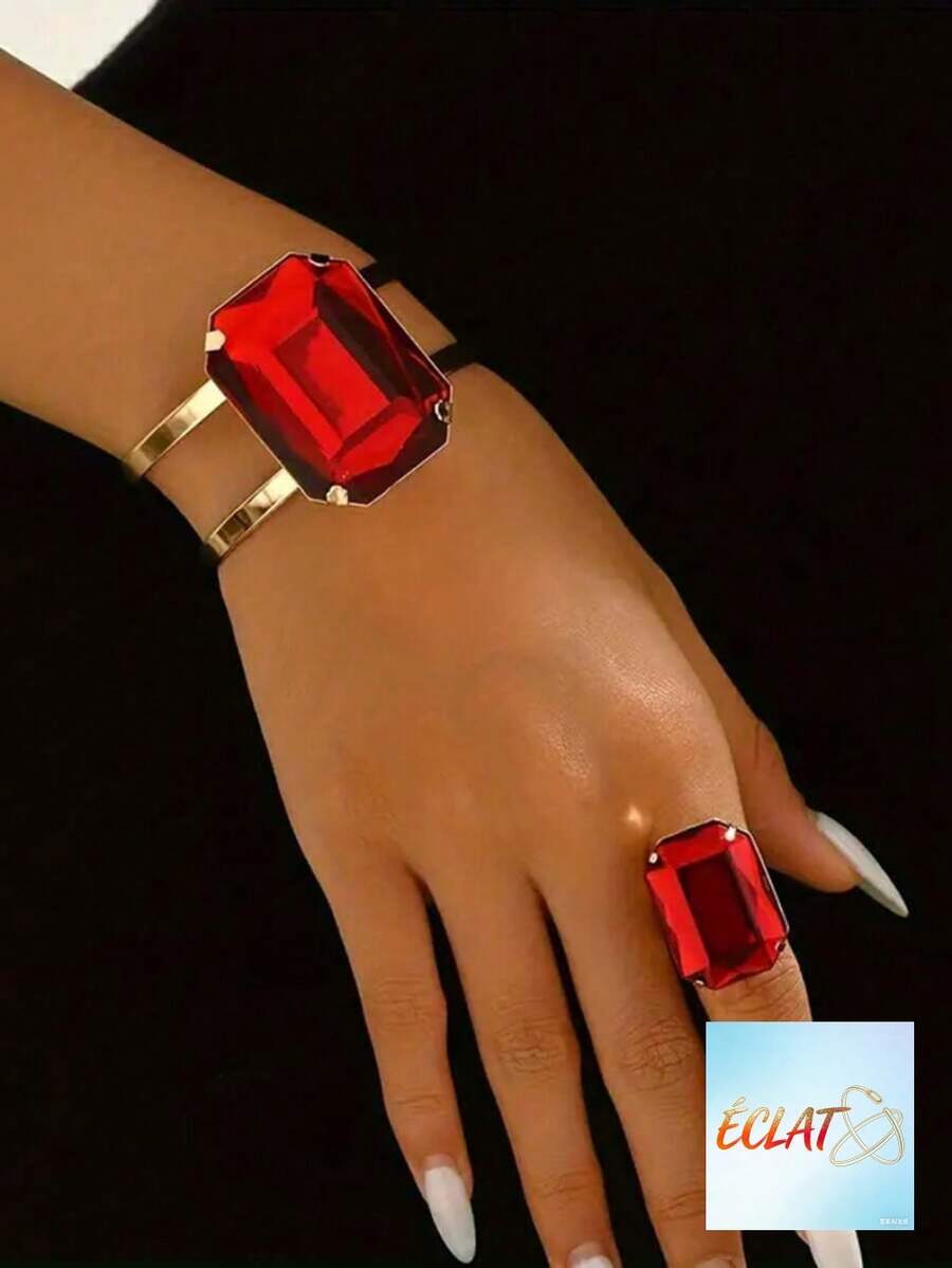 1set Exaggerated Metal Encrusted Faux Pearl Half Circle Women Bracelet Ring Jewelry Mini Accessory Set Holiday Gift SUGY - trắng - Xem 1