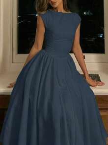 女士休闲优雅复古浪漫长款泡泡袖连衣裙，复古收腰设计，适合婚礼、约会、外出等场合，浪漫可爱，法式白色收腰连衣裙，夏季款 - 藏蓝色 - 查看 3