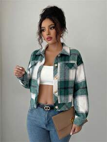 Spring Fall Plaid Tweed Jacket Women's Notch Lapel Button Front Faux Pockets Long Sleeve Casual Resort Coat - 綠色 - 查看 4