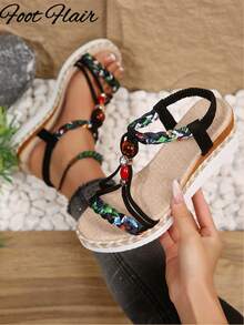 Sandalias de plataforma con cuentas tejidas a mano para mujer, estilo bohemio, nueva colección primavera/verano, suela gruesa cómoda para exteriores, con patrón floral aleatorio - Negro - Ver 3