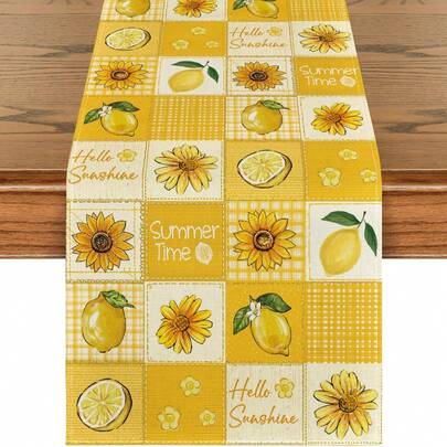 1 pieza Bandera de mesa de verano con girasol y limón "Hola sol", decoración de mesa de cocina estacional, decoración para fiestas en el hogar de 33x183 cm