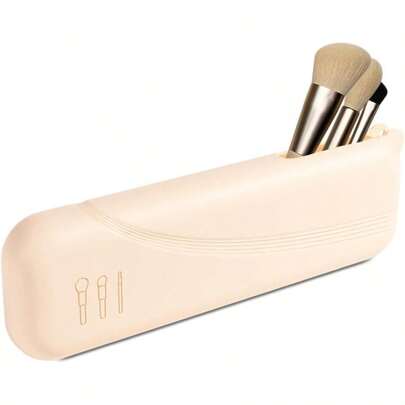 Silicone Makeup Brush Holder Travel Large Makeup Brush Bag With Half - Open Snap Design, Anti - Fall Out Vanity Organizer Toothbrushes, Eyebrow Pencil, BB (Beige)
