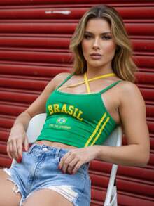 Cropped Top Brazil Women's – Virginia Inspiration | Premium Ribbed Knit - Xanh lá và vàng - Xem 2