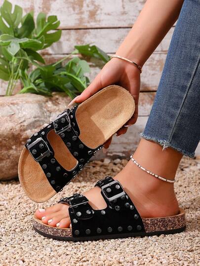 Comfortable & Fashionable Rivet Black Retro Slippers, Double Buckle Design Stylish & Adjustable, Soft Cloud-Like Soles Feel Cozy, Suitable For Daily Wear, Shopping, Traveling, And Lounging At Home