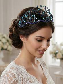 1pc Handmade Something Blue Crystal Beaded Headband, Wavy Navy Rhinestone Bridal Hair Vine Tiara For Wedding Prom Party Hairband Hair Hoop - Multicolor - View 2