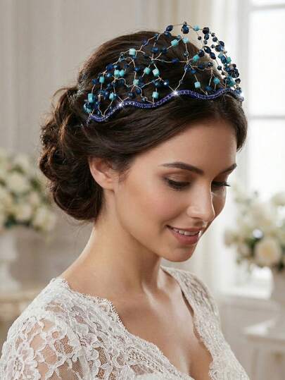 1 Stück handgemachtes "Etwas Blaues" Kristall-Perlen Haarband, wellenförmige marineblau Strass Braut Haarranke Tiara für Hochzeit, Abschlussball, Party