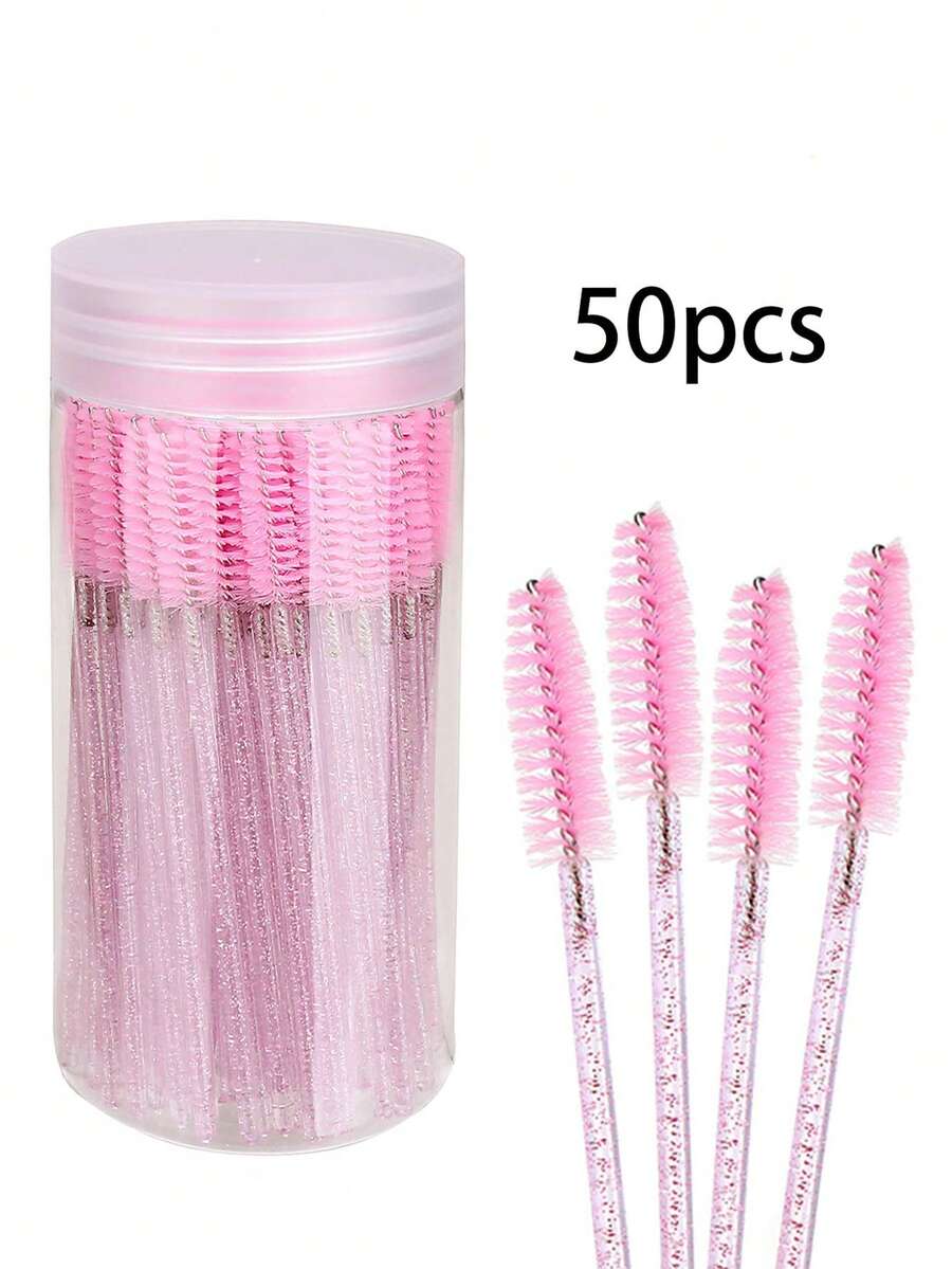 50pcs Disposable Eyelash Brushes - Crystal Pink Precise Brush Heads, Bendable Lash Brushes With Storage Container - Multicolor - View 1