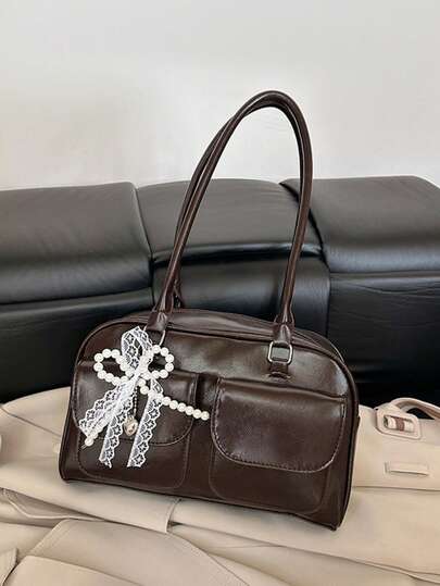 1pc Minimalist Retro Zipper Decor Dual Handle Women Daily Casual Commute Handbag