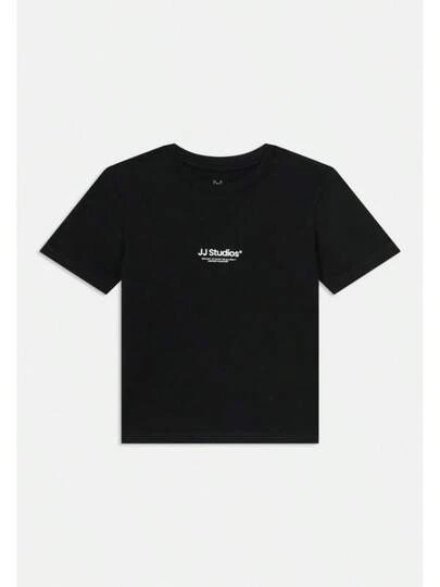 Black Cotton T-Shirt, Short-Sleeved With A Round Neck. The Front Features A White "JJ Studios" Logo And Text.