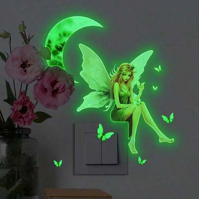 1pc Glow-In-The-Dark Fairy Wing & Moon Switch Wall Sticker, Home Decor For Living Room & Bedroom