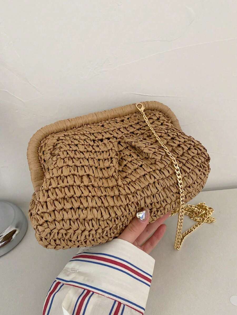 女士休闲复古贝壳扣手提包，设计师款女士托特包，优雅手工夏季沙滩包 - 卡其色 - 查看 1