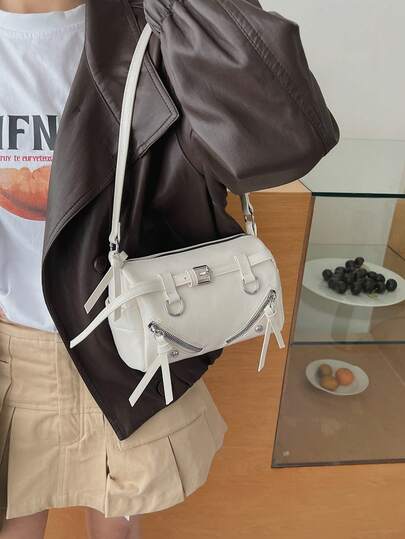 1pc Black Patchwork Rivet Studded Metal Tassel Zipper Decor Vintage PU Material Ring Strap Adjustable Dual Handle Zipper Closure Retro Sweet Punk Style Motorcycle Bag, Y2K Punk Square Handbag For Women, Casual Luxury Style Crossbody Bag Fits Phone, Card Holder, Suitable For Daily, Travel, Shopping, Gift, Gothic