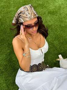 1条佩斯利印花缎面质感70%真丝方巾/头巾，女士时尚沙滩巾、颈巾、大号手帕，适合旅行、度假、街头风格，可用作腰带、包装装饰、丝带、发带 - 棕色 - 查看 2