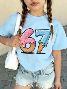 T-shirt imprimé << 67 » motif glace pour préadolescentes, en tissu doux et confortable, haut d'été à la mode, idéal au quotidien, pour un look streetwear ou pour l'école. - Bleu ciel - Voir 3