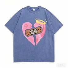 Jesus Healing Christian Printed T-Shirt, 1 Piece, 230g Washed, High-Quality Wax Printed Cotton Retro Fashion Brand T-Shirt, Suitable For Summer T-Shirt With A Certain Thickness, Holiday Gift - Unisex Plus Size Top-Valentine Gift - 藍色 - 查看 3
