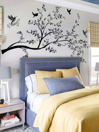 1 件装黑色极简树枝和小鸟墙贴 - 现代 PVC 贴纸，适用于卧室、客厅或玄关装饰 - 为任何空间增添优雅的自然气息