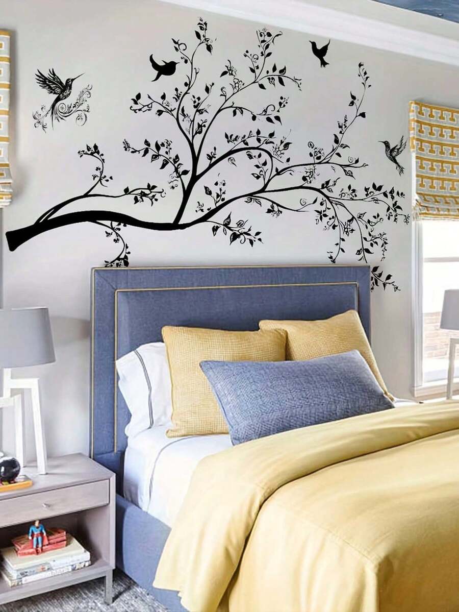 1pc Black Minimalist Tree Branch And Bird Wall Sticker - Modern PVC Decal, Suitable For Bedroom, Living Room Or Entryway Decor - Adds Elegant Natural Inspiration To Any Space, Room - A - View 1