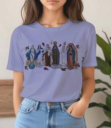 New T-Shirt With Print Of The Virgin Mary, Catholic, Christian, Gospel, Religious, Mass, Plus Size. - Màu xanh lam - Xem 1