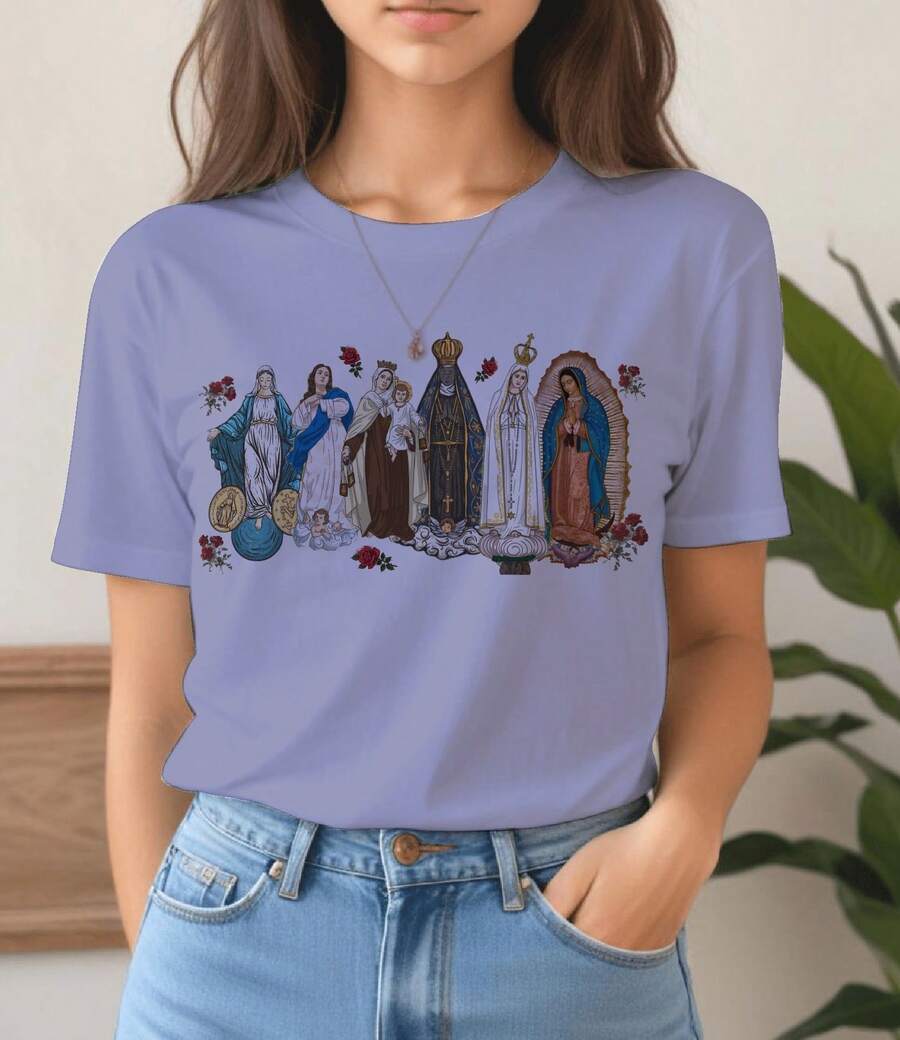 New T-Shirt With Print Of The Virgin Mary, Catholic, Christian, Gospel, Religious, Mass, Plus Size. - Màu xanh lam - Xem 1