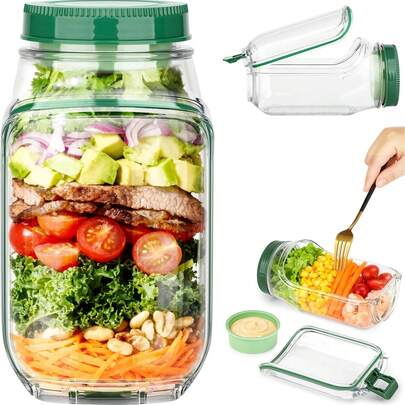 Salad Pod Mason Jar Side Open - Leakproof Dressing Container, Lid-To-Bowl Design, Reusable Salad Jar With Side Opening & Salad Container For Lunch & Meal Prep (7.5"X3.9"X3.5" 1pc)