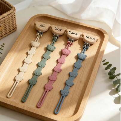 Customized Pacifier Chain, Unique Gift For Infants And Toddlers, Bear Head Clip Style, One-Piece Silicone Material Anti-Drop Chain