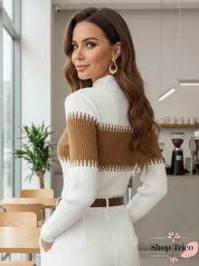 Women's Long-Sleeved Knit Sweater With Two-Tone Detail, High Neck, Winter Fashion - 白色/焦糖色 - 查看 3