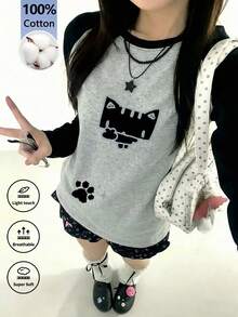 Women's New Autumn Cartoon Print Casual Daily Wear College Style Patchwork Long Sleeve Round Neck T-Shirt, Korean Version - Dark Gray - View 1