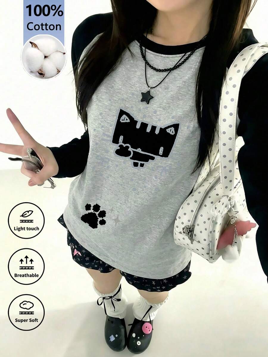 Women's New Autumn Cartoon Print Casual Daily Wear College Style Patchwork Long Sleeve Round Neck T-Shirt, Korean Version - Dark Gray - View 1