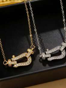 1pc Stainless Steel Rhinestone Horseshoe Clasp U-Shaped Necklace, Delicate And Luxurious Style, Fashionable Clavicle Chain For Women - Horseshoe Necklace - View 4