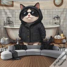 1 tấm thảm trang trí nghệ thuật độc đáo - Hình mèo mặc áo khoác treo tường phòng tắm, chất liệu vải polyester, hoàn hảo cho Halloween, Giáng sinh. - Nhiều màu - Xem 1