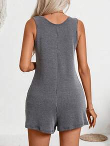 Mono de verano para mujer, mono casual de unicolor sin mangas acanalado con bolsillos, elegante - Gris Oscuro - Ver 2