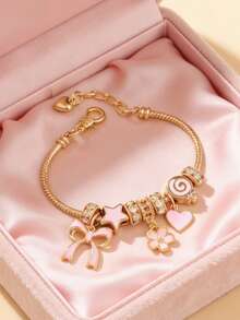 1pc Women's Gold Fully Paved Butterfly, Heart & Lollipop Beaded Adjustable Daily Wear Bracelet - Gold - View 2