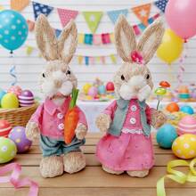 Easter Bunny Decoration Cute Straw Rabbit Figurines Table Centerpiece For Home Farmhouse Holiday Spring Party Tiered Tray Decor - Rose Red - View 1
