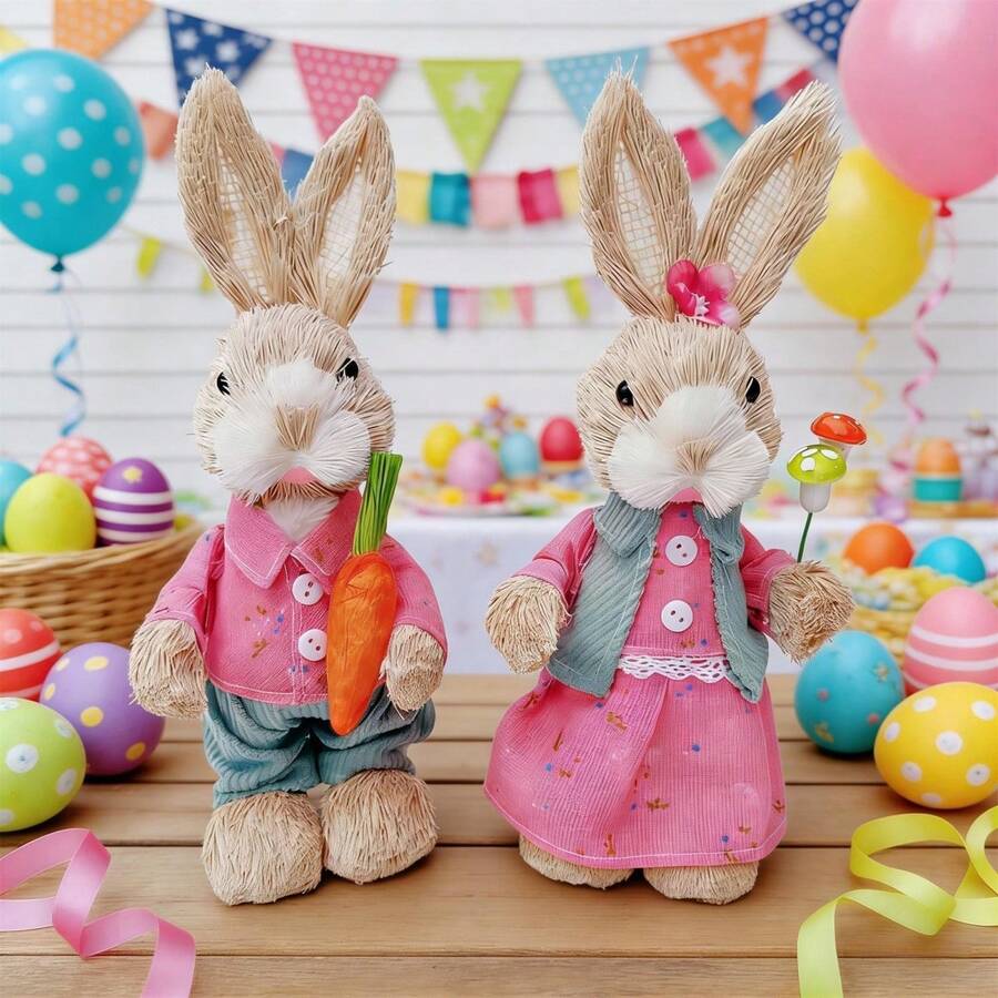 Easter Bunny Decoration Cute Straw Rabbit Figurines Table Centerpiece For Home Farmhouse Holiday Spring Party Tiered Tray Decor - Rose Red - View 1