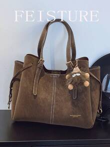 FEISTURE 1pc, PU Material Women's Commuter Tote Bag, Fashionable Shoulder Bag With Pendant, Suitable For Girls, Women, College Students, New Professionals And White-Collar Workers, Perfect For Work, Business, Commuting, School - Brown - View 9
