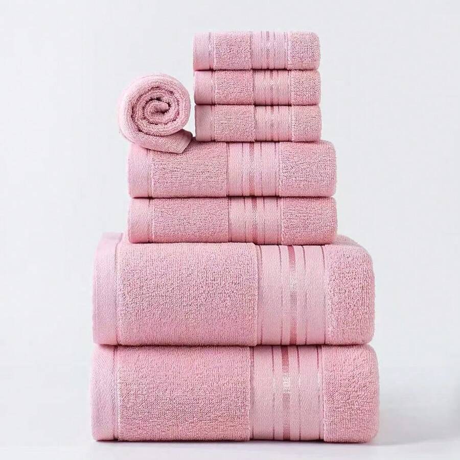 8-Piece Luxury 100% Cotton Bath Towel Set - Heavy-Duty Spa And Hotel Quality, Including Large Bath Towels, Hand Towels, And Face Towels - Soft, Absorbent, Vintage Striped Design - Durable - Available In Multiple Colors, Suitable For Bulk Collections For Home, Spa, Or Hotel Use - Ideal Holiday Gift - Bộ chăn ga gối 8 món bằng cotton nguyên chất dày dặn màu hồng - Xem 1