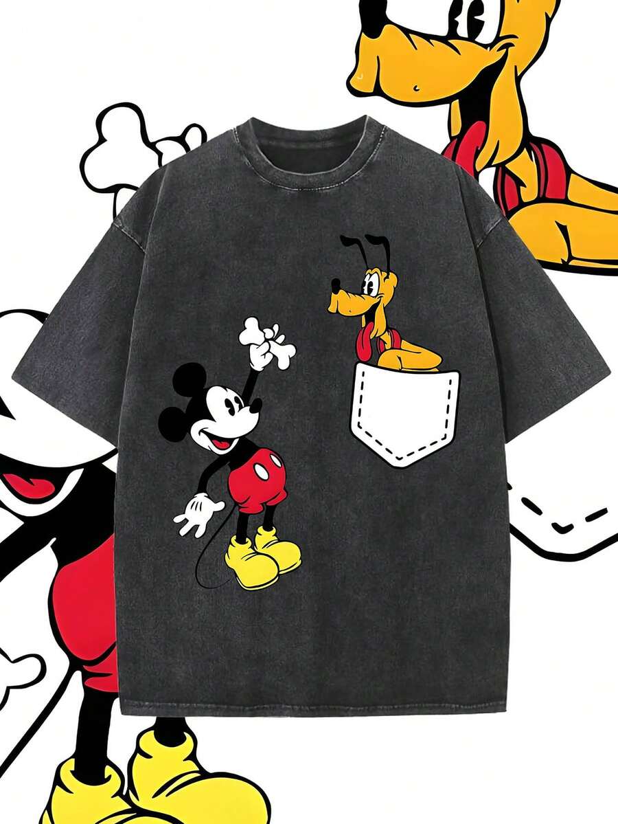 Disney Mickey Mouse Creative Short-Sleeved Men's Summer T-Shirt, Distressed Effect, One-Piece Design, Pure Cotton Fabric, Comfortable And Breathable, Casual Outdoor Street Style, Crew Neck; A High-Quality Fashion Brand, It Is An Ideal Surprise Gift For Family And Friends. - 黑色 - 查看 1