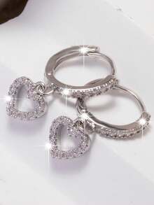 1 Pair Shiny Heart-Shaped Zirconia Encrusted Hoop Earrings, Delicate Heart Pendant Jewelry Gift For Women - Heart-shaped - View 4