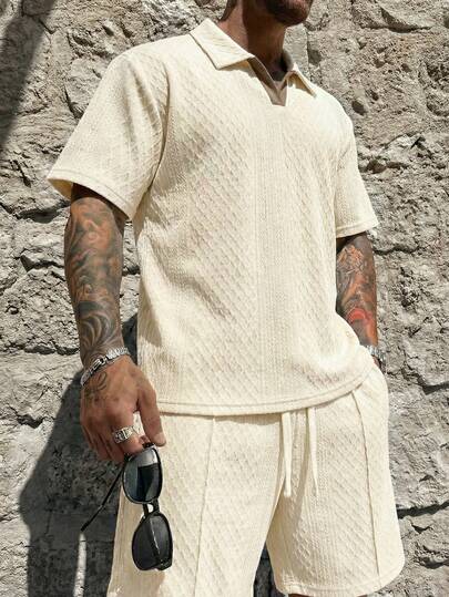 Men's Casual Commuting Homewear Solid Color Versatile Sports Breathable Diamond Pattern Set