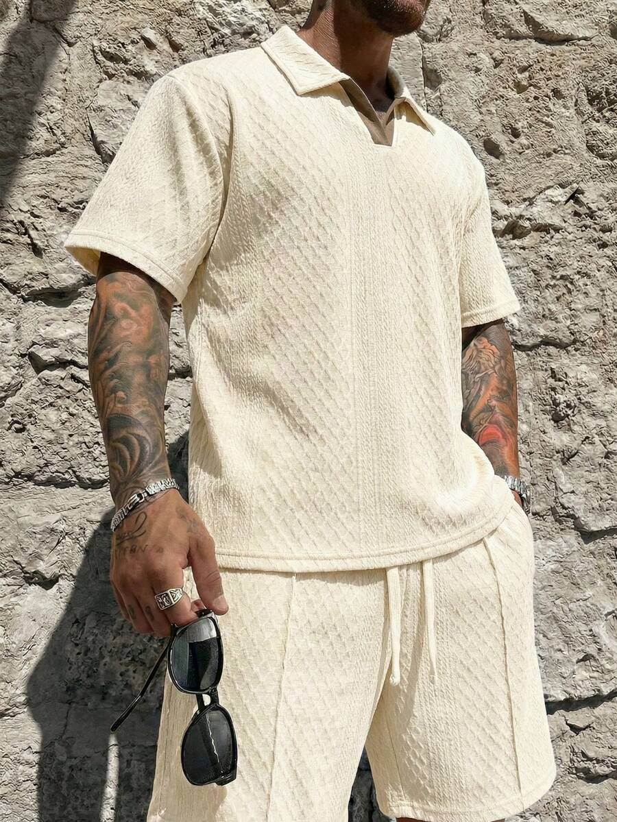 Bộ đồ thể thao nam thường ngày, thoải mái, màu trơn, thoáng khí, họa tiết hình thoi, thích hợp mặc đi làm và ở nhà. - trắng - Xem 1