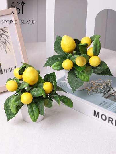 1/3株仿真柠檬盆栽，PP盆，PE材质，绿/黄双色，礼品，桌面摆件，家居装饰，花园装饰，学校宿舍办公室装饰，户外派对活动节日生日派对装饰，家居入口酒店餐厅客厅卧室婚礼厨房花园装饰，适合情人节、春夏装饰、中国新年装饰、绿色装饰、返校房间装饰、家居装饰