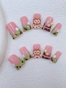 10片装Y2K风鸭嘴美甲贴片套装 - 手工制作，粉色美甲贴片，绿色美甲贴片，绿棕色法式美甲贴片，手工3D猴子和3D香蕉美甲贴片，3D猴子美甲，手绘波点条纹设计，可爱猴子美甲手工贴片 - 彩色 - 查看 11