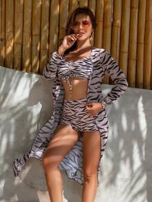 女士休闲高弹力斑马纹抽绳吊带背心套装，包含短裤和长款网纱罩衫 - 杏色 - 查看 3