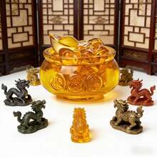 元宝水晶玻璃宝盆，内含1个大金锭和32个小金锭，水晶风水招财碗，家居办公摆件，寓意繁荣昌盛。 - 聚寶盆 - 查看 3