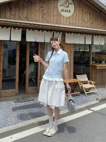 2-In-1 Polo Collar Short Sleeve Striped Patchwork Cropped Shirt For Women, Summer - Blue - View 7